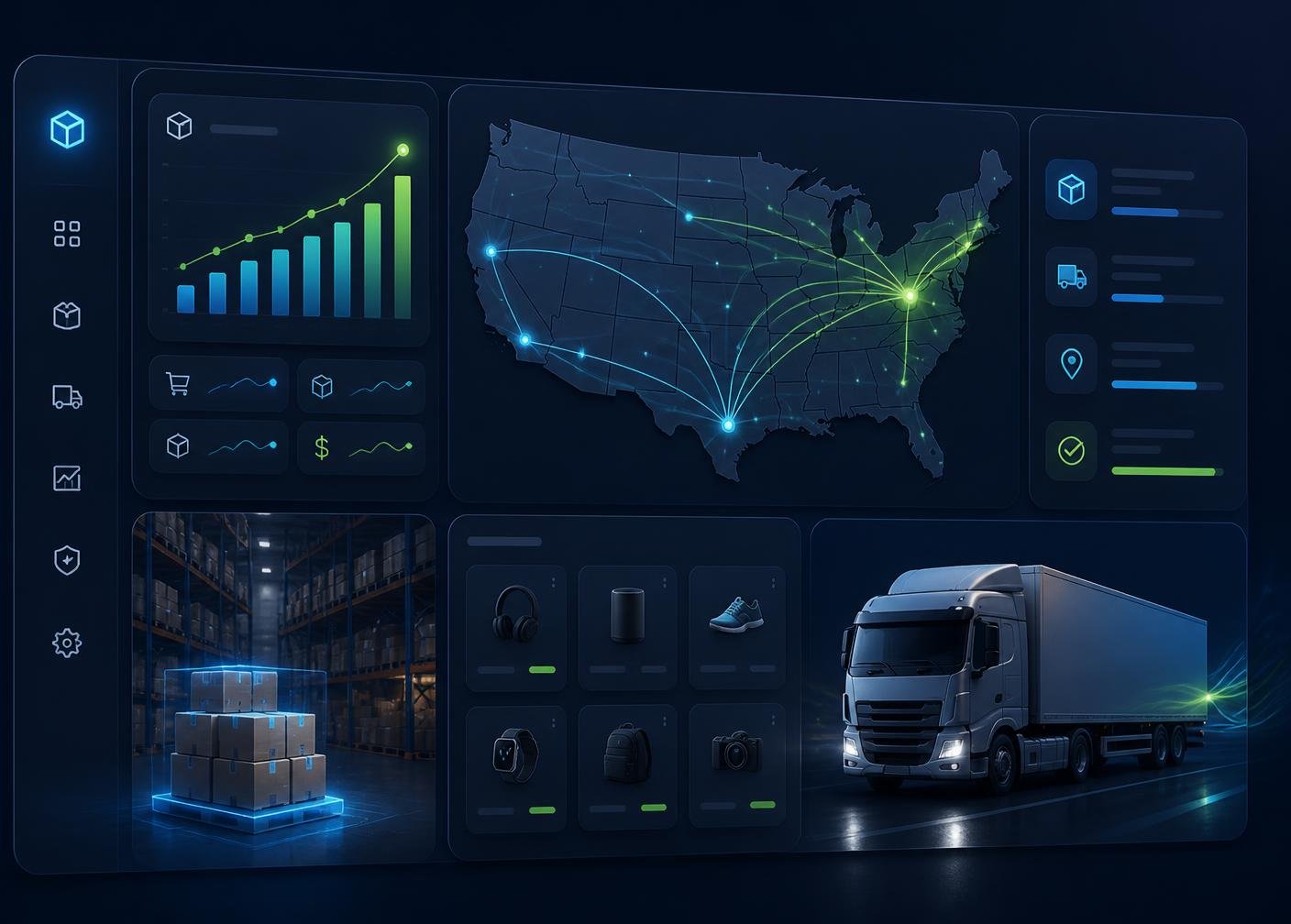 Al Wasl Co warehouse dashboard showing US shipping routes, live order analytics, and same-day fulfillment